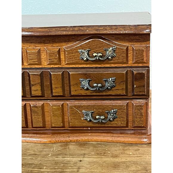 Vintage Wooden Jewelry Box Chest with Mirror 3 Drawers Felt Lined Ring Storage - Picture 4 of 16